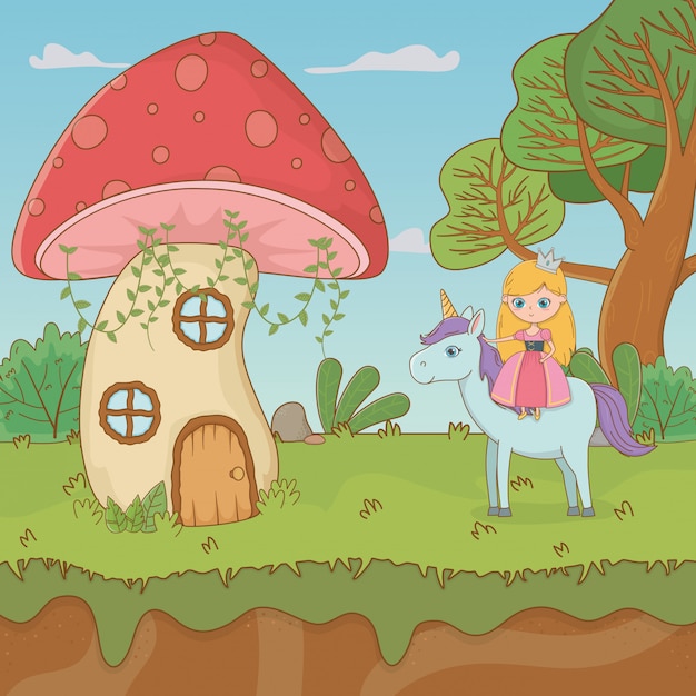 Escena de cuento de hadas con hongo y princesa en unicornio