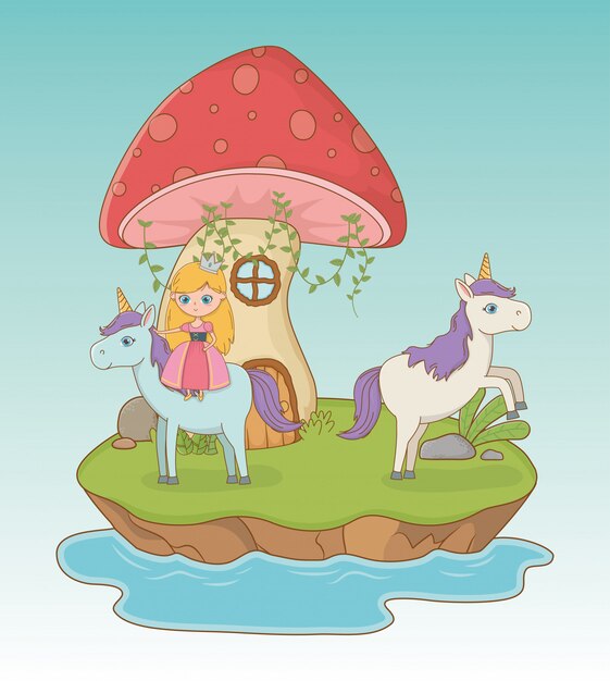 Escena de cuento de hadas con hongo y princesa en unicornio