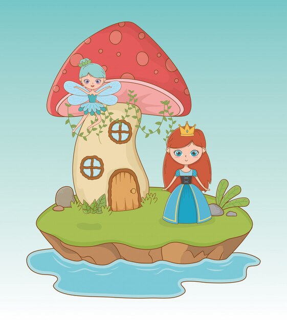 Escena de cuento de hadas con princesa y hada.