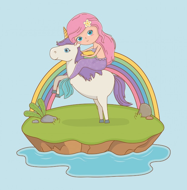 Vector gratuito escena de cuento de hadas con princesa en unicornio.