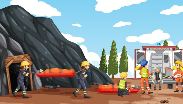 Escena de la cueva con rescate de bomberos en estilo de dibujos animados