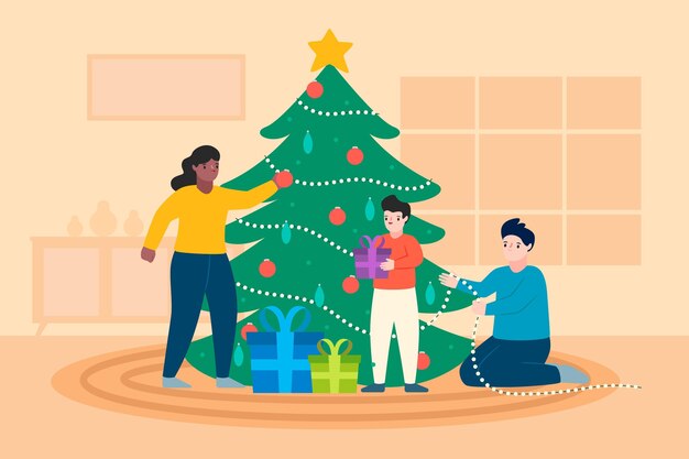 Escena de decoración de árbol de navidad
