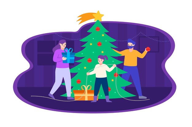 Escena de decoración de árbol de navidad