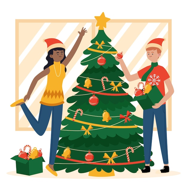 Vector gratuito escena de decoración de árbol de navidad