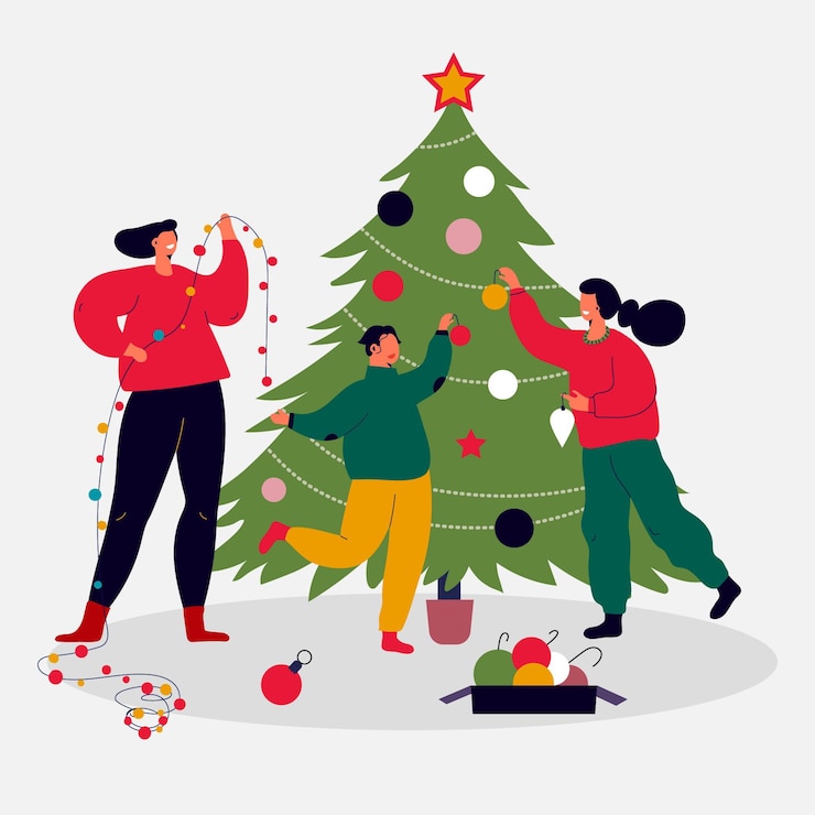 Vector gratuito escena de decoración de árbol de navidad