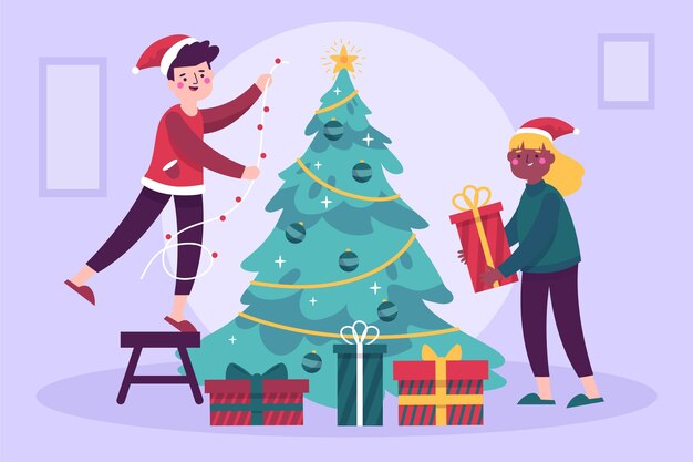 Escena de decoración de árbol de navidad