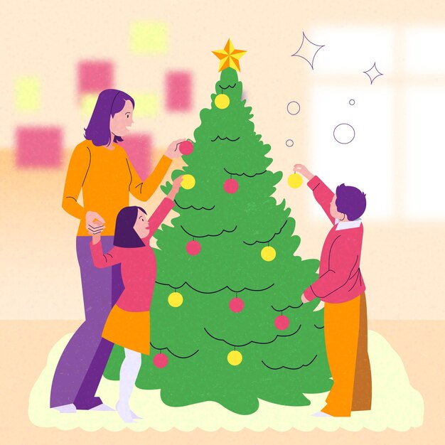 Escena de decoración de árbol de navidad