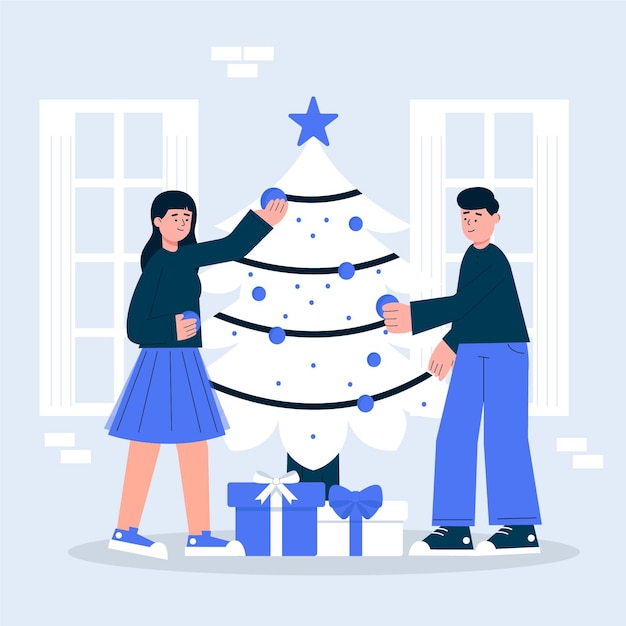 Escena de decoración de árbol de navidad