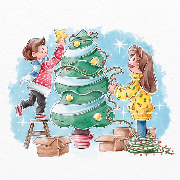Escena de decoración de árbol de navidad