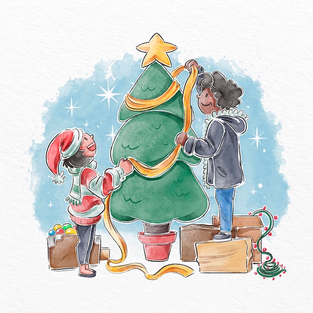 Escena de decoración de árbol de navidad