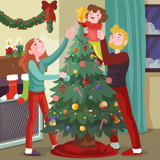 Escena de decoración de árbol de navidad