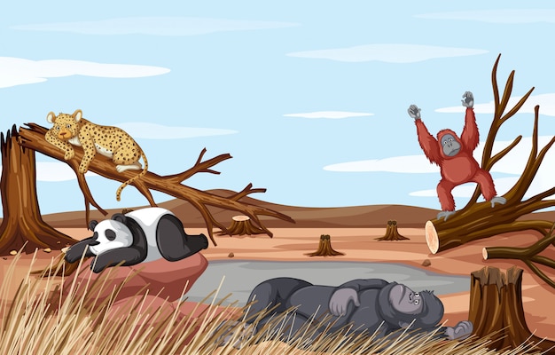 Escena de deforestación con animales muriendo por la sequía