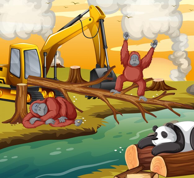 Escena de deforestación con animales muriendo