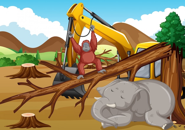 Escena de deforestación con animales muriendo