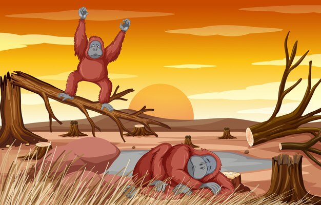 Escena de deforestación con dos chimpancés muriendo