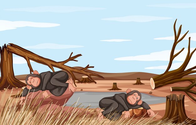 Escena de deforestación con dos monos