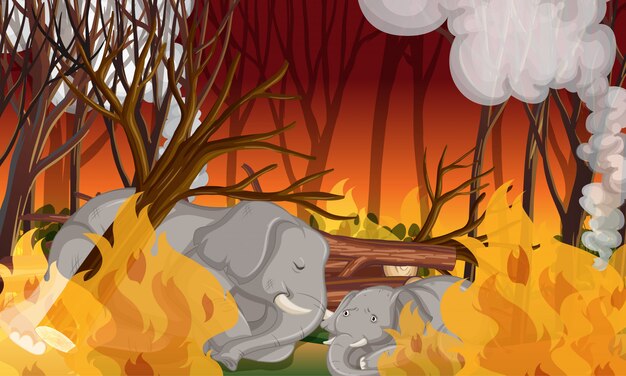 Escena de deforestación con elefante moribundo
