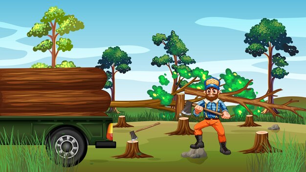 Escena de deforestación con madera cortando árboles.