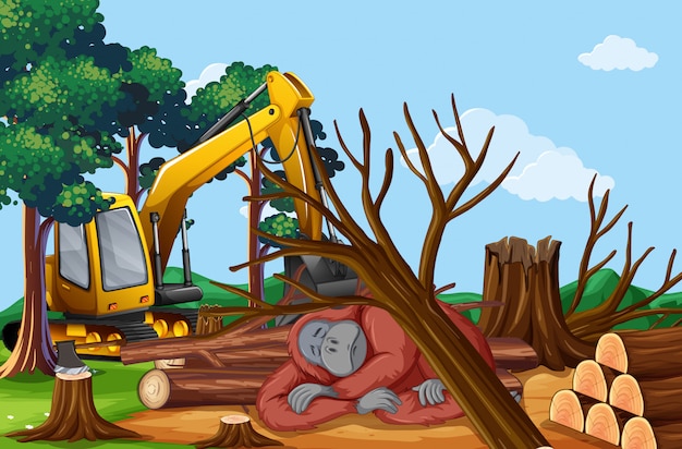 Escena de deforestación con mono moribundo
