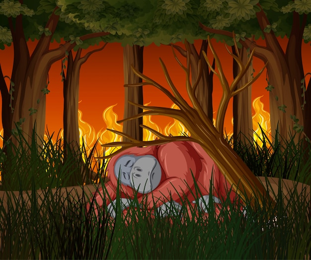 Escena de deforestación con mono muriendo de incendios forestales