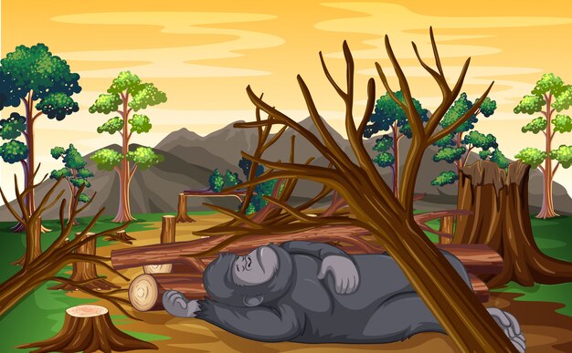 Escena de deforestación con mono muriendo