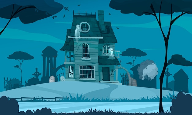 Vector gratuito escena de dibujos animados de la casa de miedo con edificio de terror y cementerio en la ilustración de vector de fondo