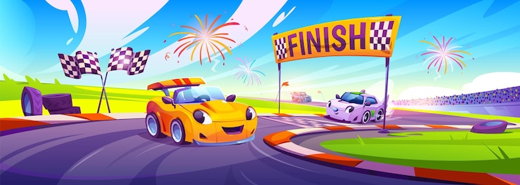 Vector gratuito escena de dibujos animados de niños compitiendo en coches