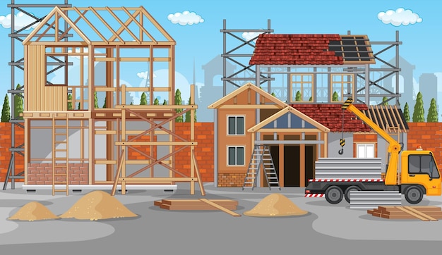 Escena de dibujos animados del sitio de construcción de edificios