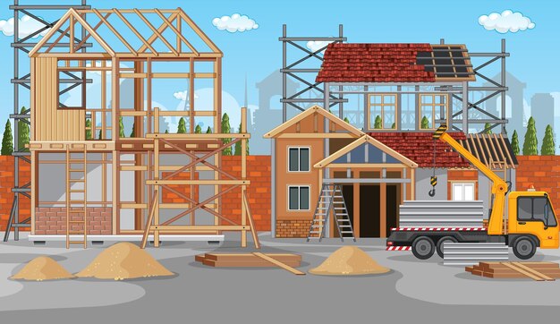 Escena de dibujos animados del sitio de construcción de edificios