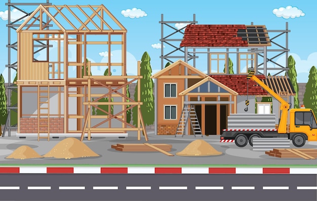Escena de dibujos animados del sitio de construcción de edificios