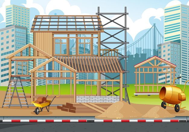 Escena de dibujos animados del sitio de construcción de edificios