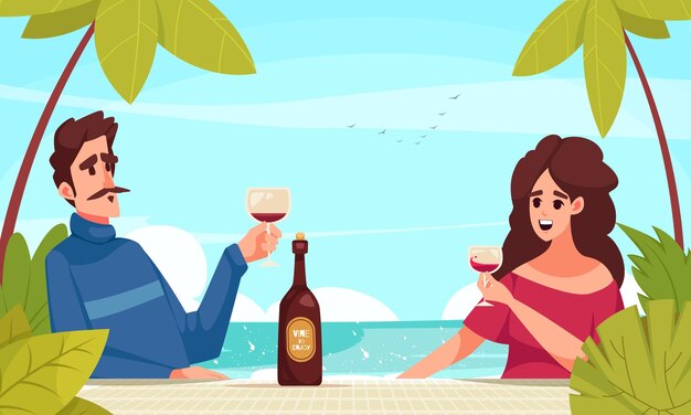 Escena de dibujos animados de vino con una pareja joven bebiendo en la ilustración de vector de fondo de la costa