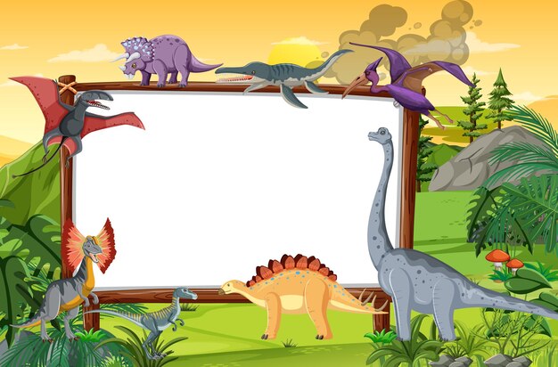 Escena con dinosaurios en el bosque.