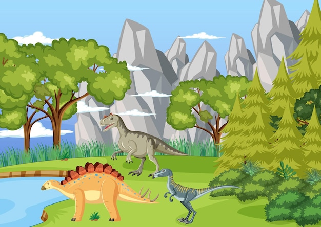 Escena con dinosaurios en el bosque.