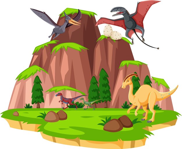 Escena con dinosaurios en el bosque.