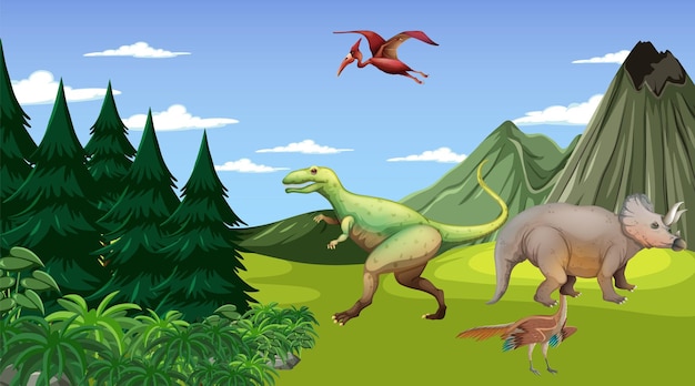 Vector gratuito escena con dinosaurios en el bosque.