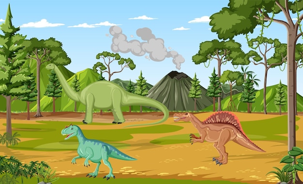 Escena con dinosaurios en el bosque.