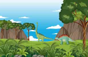 Vector gratuito escena con dinosaurios en el bosque.