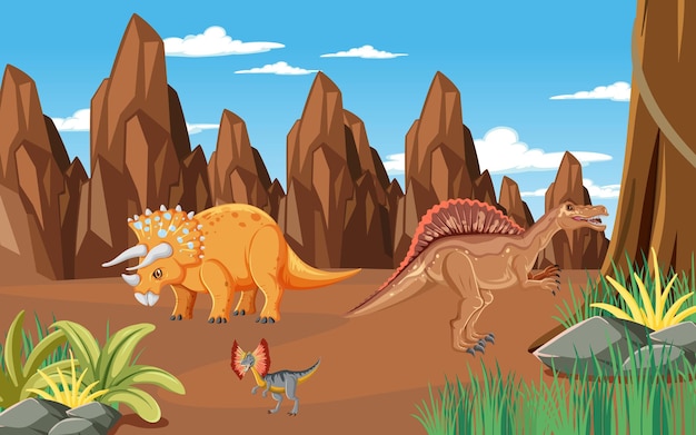 Vector gratuito escena con dinosaurios en el bosque.