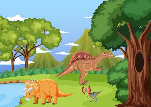 Escena con dinosaurios en el bosque.