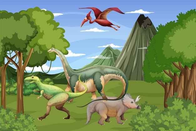 Vector gratuito escena con dinosaurios en el bosque.