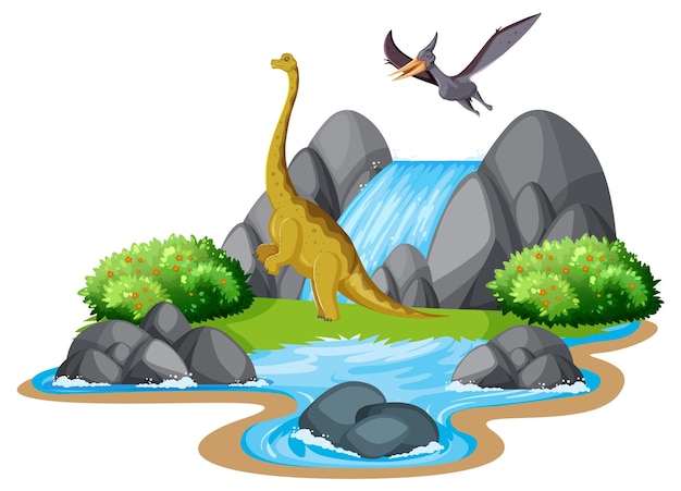 Escena con dinosaurios brachiosaurus en la isla.