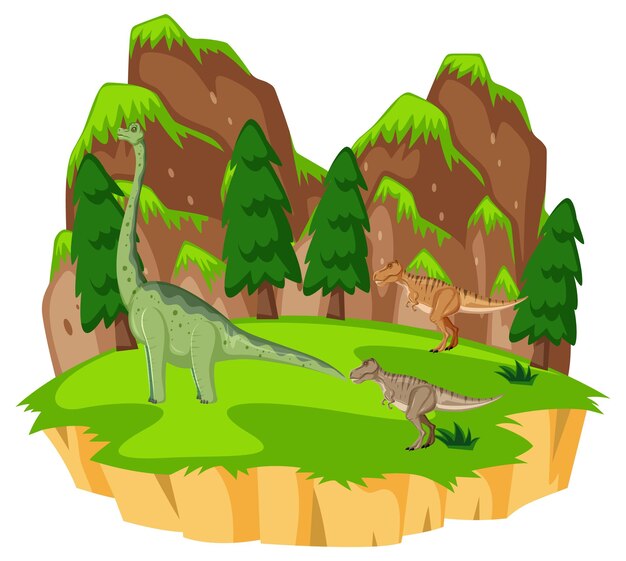 Escena con dinosaurios brachiosaurus y trex en la isla.