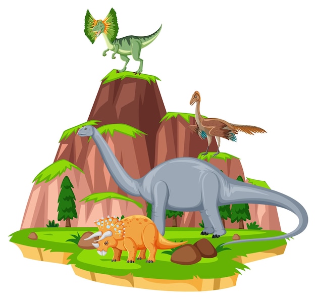 Vector gratuito escena con dinosaurios brontosaurio en la isla.