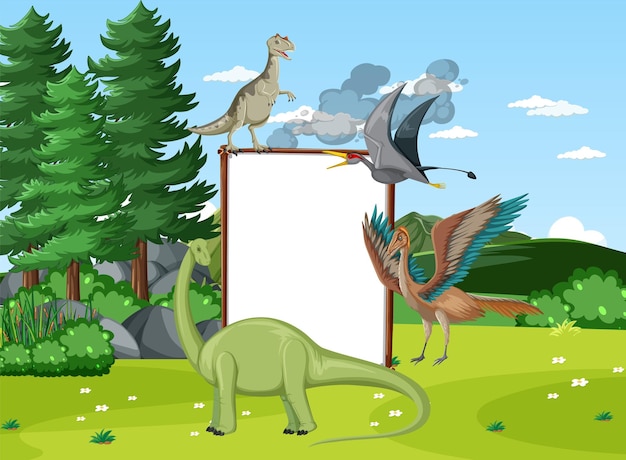 Vector gratuito escena con dinosaurios en el campo.