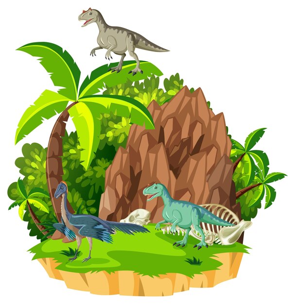 Escena con dinosaurios carnotaurus en la isla.