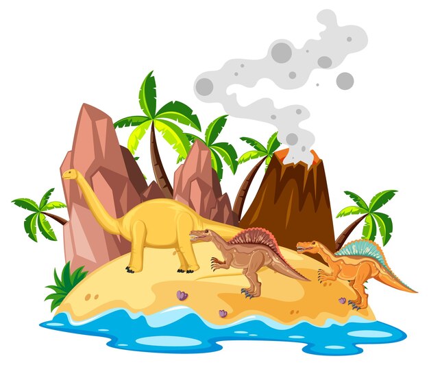 Escena con dinosaurios en la isla.