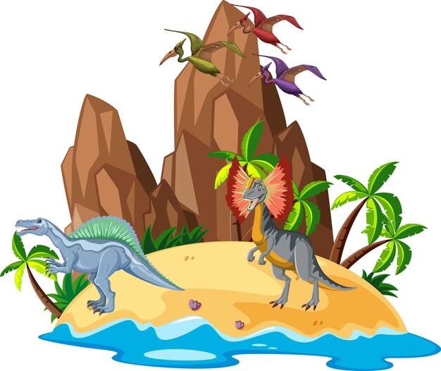 Escena con dinosaurios en la isla.