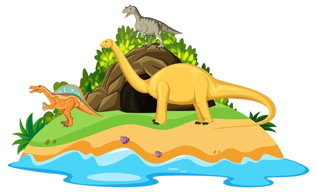 Escena con dinosaurios en la isla.