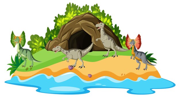 Escena con dinosaurios en la isla.